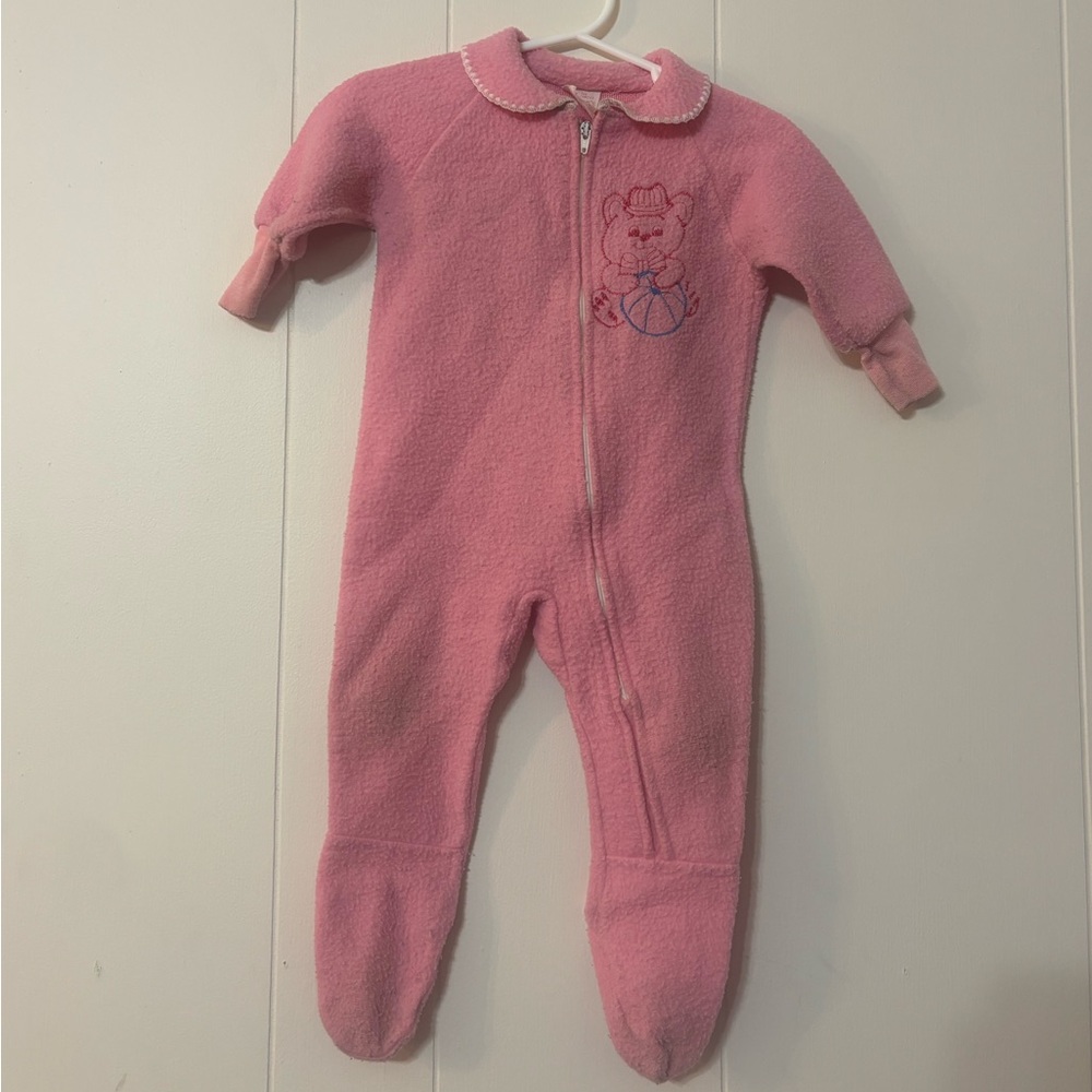 Vintage Pink Fleece Footed One-Piece with Bear Embroidery
